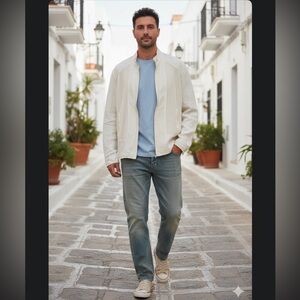 TORRAS LASER CUT LEATHER TRIM BEIGE LINEN MEN'S JACKET 42